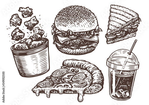 Street food, takeaway. Burger, fried chicken meat, cola, slice of pizza, sandwich sketch. Fast food vector illustration