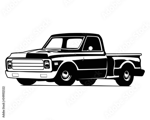 vintage truck logo isolated side view white background best for delivery company, badge, emblem, garage.