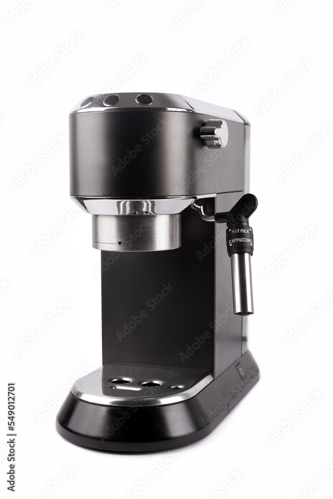 A close up of a compact espresso machine black isolated on white background A close up of a compact espresso machine black isolated on white background