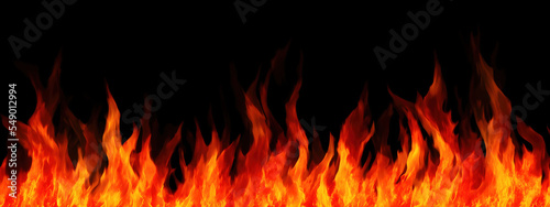 Fire flames on black background. Barbecue bonfire red orange hot texture banner 3D 8K