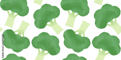 Broccoli vegetable watercolor drawing seamless pattern. Natural organic cooking ingredient background for restaurant  food recipe or healthy eating concept.