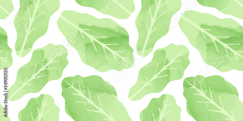 Lettuce leaf vegetable watercolor drawing seamless pattern. Natural organic cooking ingredient background for restaurant, food recipe or healthy eating concept.