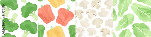 Set of vegetable watercolor drawing seamless pattern. Natural organic cooking ingredient background collection for restaurant, food recipe or healthy eating concept. Includes broccoli, bell pepper.
