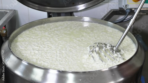 Making cheese from fresh milk at a private cheese factory. The process of mixing with a large whisk. photo