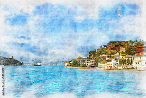 Rumeli Fortress , Bosphorus Bridge and Bosphorus view from the sea in Istanbul , watercolor artistic work . photo