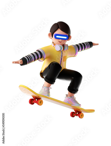 3D Boy wearing VR glasses and playing skateboard