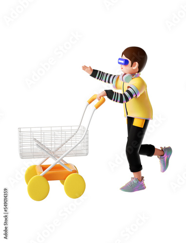 3D Boy wearing VR glasses pushing a shopping cart