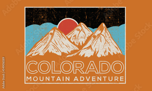 Colorado adventure vintage print design for t shirt and others. National park graphic artwork for sticker, poster, background.