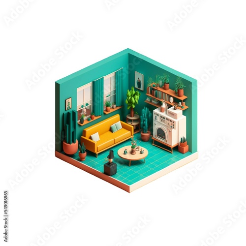 Isometric view modern living room open inside interior architecture