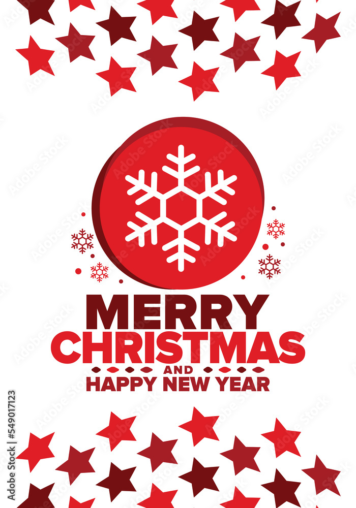 Merry Christmas and Happy New Year. Magic holiday poster with snowflake. Winter celebration event. Christmas party. Congratulation card. Festive design template. Vector illustration
