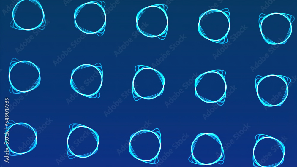 Blue background. Motion. The illuminated lines make up the circles in the animation that move throughout the footage.