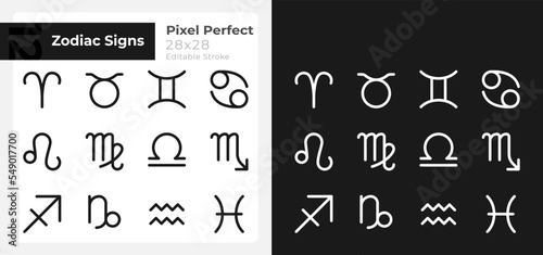 Astrological signs pixel perfect minimalistic linear icons set for dark, light mode. Thin line symbols for night, day theme. Isolated illustrations. Editable stroke. Montserrat Bold, Light fonts used