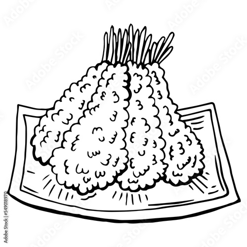 Tempura Japanese fried shrimp on plate. Hand drawn vector illustration. Suitable for website, stickers, menu.