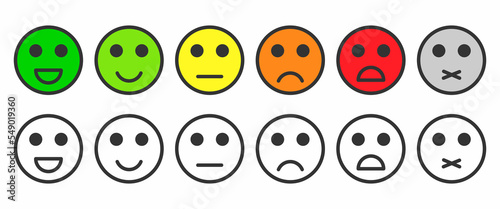 Customer rating satisfaction. Feedback concept, black and colorful emotion icons and emojis. Excellent, good, normal, bad, awful, silent. Vector © Yevhenii
