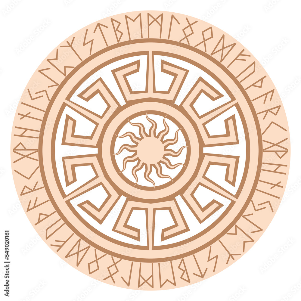 Yarylo, an ancient Slavic symbol, decorated with Scandinavian patterns. Beige fashion design