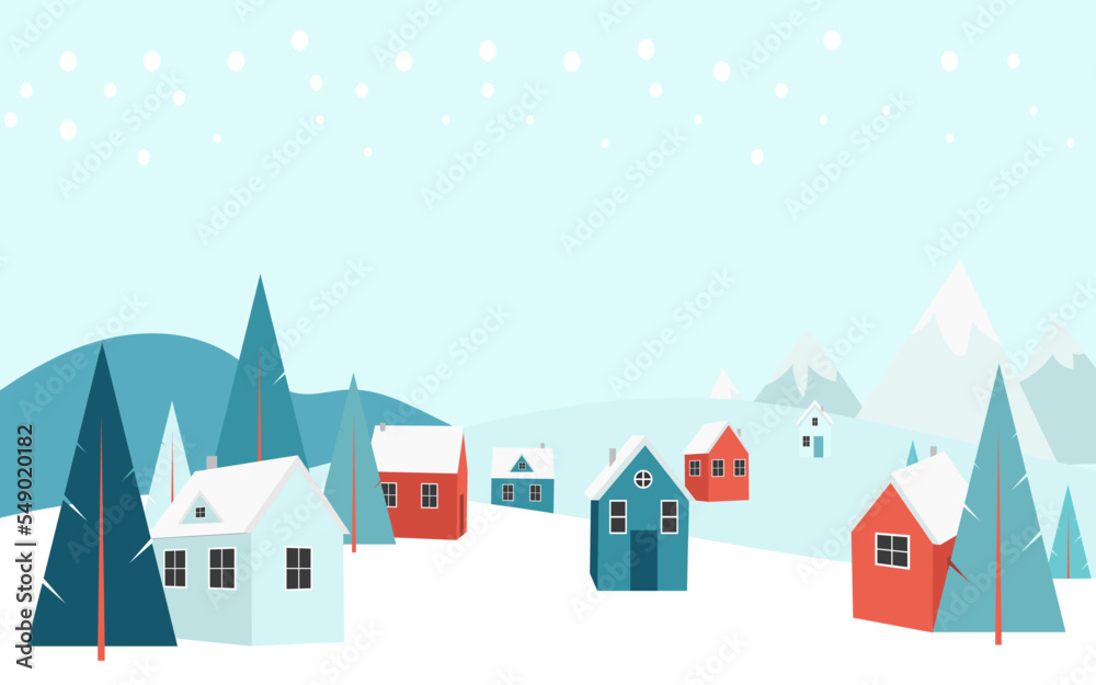 Christmas vacation in the mountains. Winter day outdoor landscape snow, warm cozy houses and pine trees. Holidays in little village house. Forest background ski resort. Vector illustration.