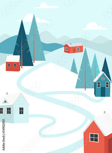 Christmas vacation in the mountains. Winter day outdoor landscape snow, warm cozy houses and pine trees. Holidays in little village house. Forest background ski resort. Vector illustration.