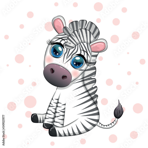 Cute cartoon zebra is sitting and waving its tail. Children s character
