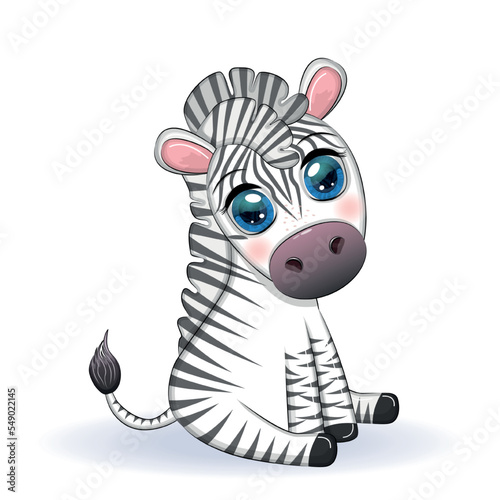 Cute cartoon zebra is sitting and waving its tail. Children s character