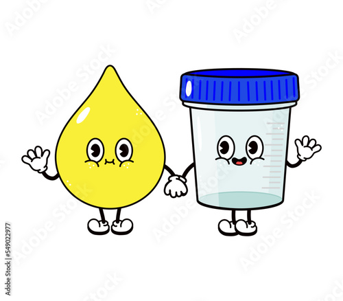 Cute, funny happy container for analysis urine character. Vector hand drawn cartoon kawaii characters, illustration icon. Funny cartoon container for analysis urine friends concept