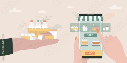 Client order dairy products in mobile app. Technology buying food in internet. Businessman or farmer hand gives assortment of milk, sour cream, yogurt and eggs.