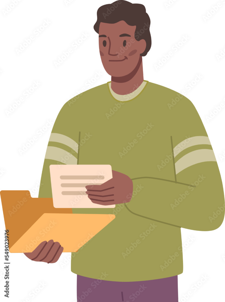 Employee working with reports and documents, isolated man holding files and pages. Organization and management. Flat cartoon character, vector in flat style Employee working with reports and documents, isolated man holding files and pages. Organization and management. Flat cartoon character, vector in flat style