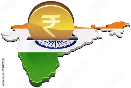3d map of India in the colors of the Indian flag with the symbol of the Chakra of ashoka in which a gold coin with the symbol of the rupee is inserted (cut out)