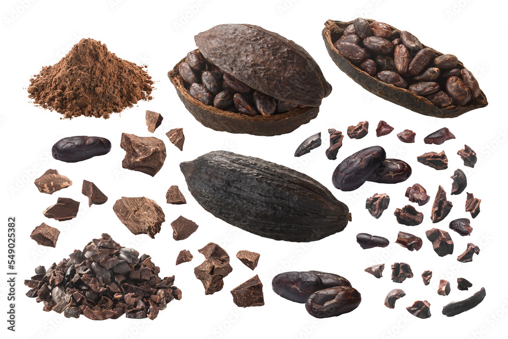 Processed Cocoa nibs, fermented beans, pods, cacao mass, powdered
