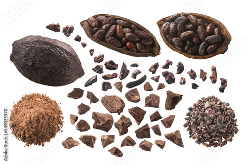 Processed Cocoa: nibs, fermented beans, pods, cacao mass, powdered, piles, isolated, top view png