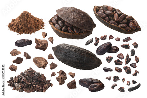 Processed Cocoa: nibs, fermented beans, pods, cacao mass, powdered, piles, isolated png