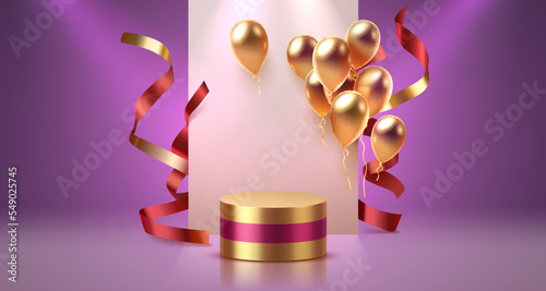 Abstract scene background. Cylinder podium background with confetti and ribbons. Product presentation, mock up, show cosmetic product, Podium, stage pedestal or platform. Vector illustration