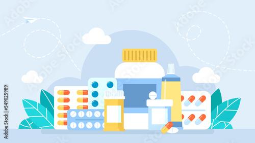 Pharmacy, medicines. Pills, capsules blisters, glass bottles with liquid medicine and plastic tubes. Ointment, cream. Various meds. Drug medication end supplements collection. Vector illustration
