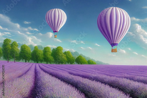 A flying balloon over a lavender field.