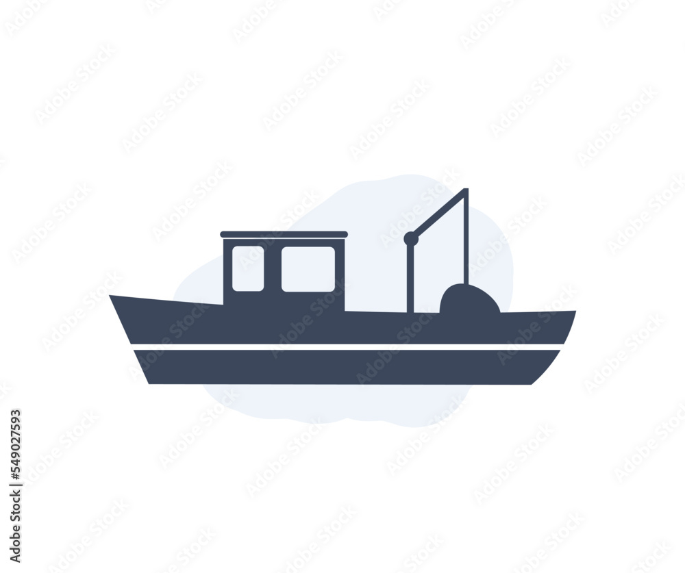 Obraz premium Fishing Boat engulf a fishing boat on the water logo design. Fishing boat silhouette. Sea travel transportation yacht, trawler, seiner nautical vessel silhouette vector design and illustration.