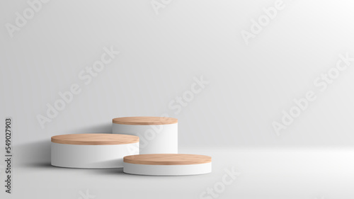 3D realistic empty wood grain top white podium pedestal on white background