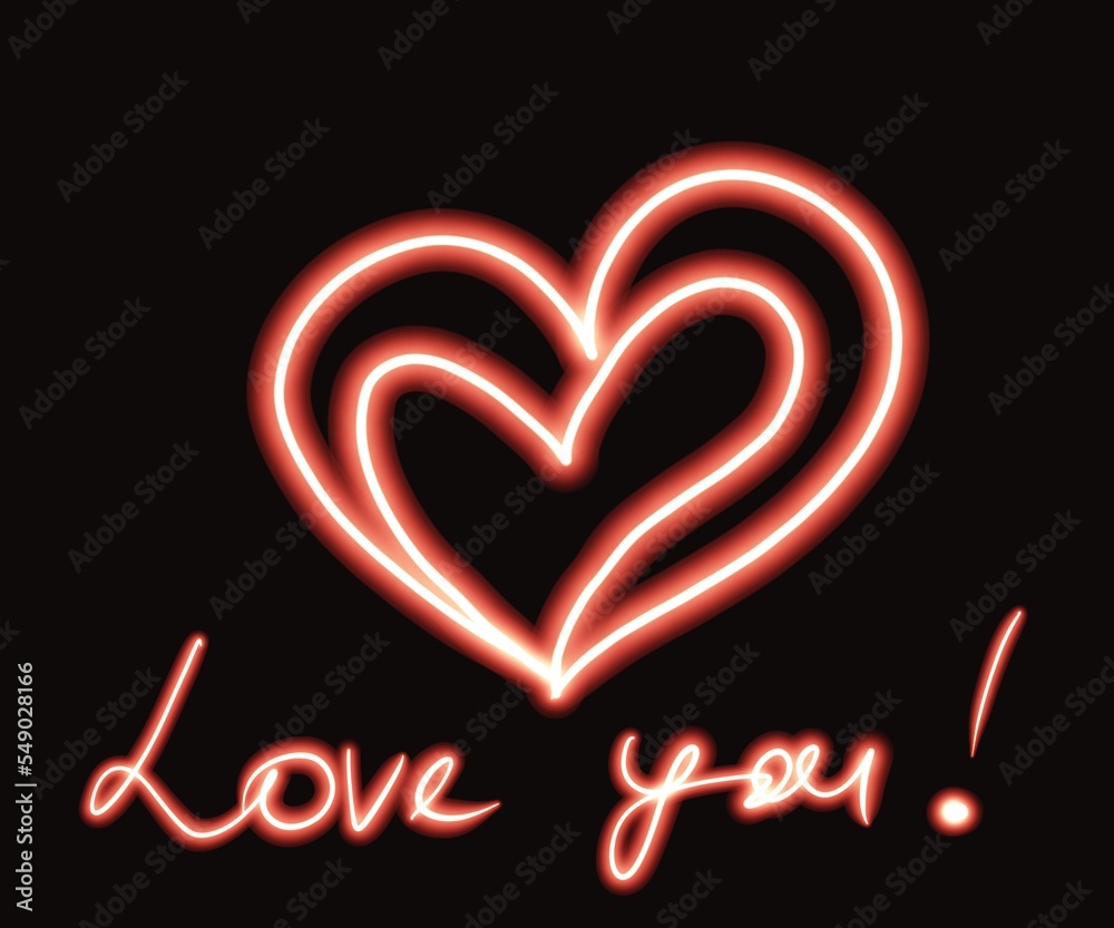 Love you neon sign with a heart glowing on black background Love you neon sign with a heart glowing on black background