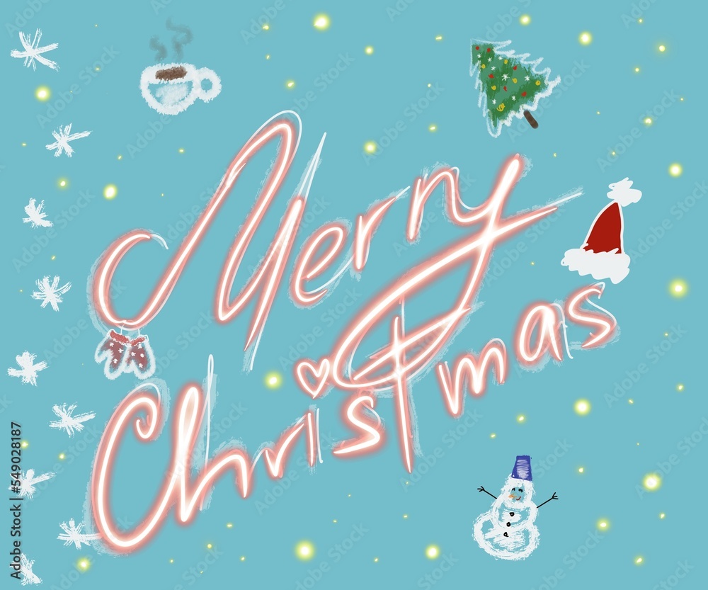 Handwritten Merry Christmas card illustration on blue background