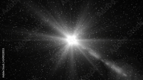 Traveling through monochrome star field in space. Motion. Deep space background with glowing star and rays.