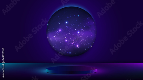 3D realistic empty podium pedestal neon lights colors with world circle blue night space cosmos