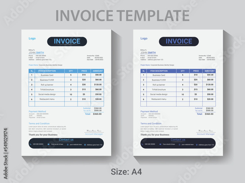 Professional Invoice design template, easy editable bill receipt layout.