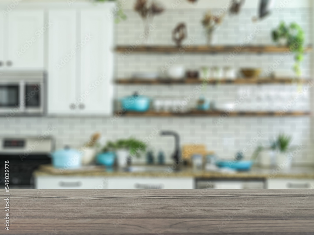 The empty table wooden board in front of the background is blurred. Brown wood perspective in the home kitchen – can be used to display or montage your products. Mock up for product display.