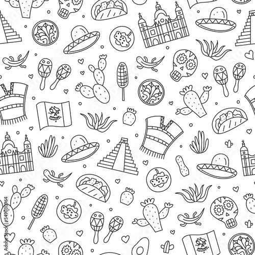 Seamless pattern with Mexican landmarks, food and attractions.