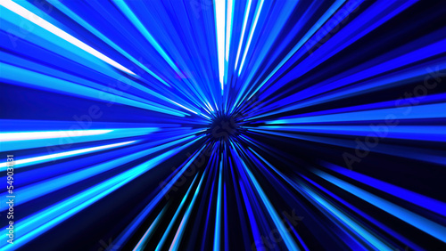 Abstract explosive cyberspace animation background. Motion. Blue spinning rays looking like tunnel.