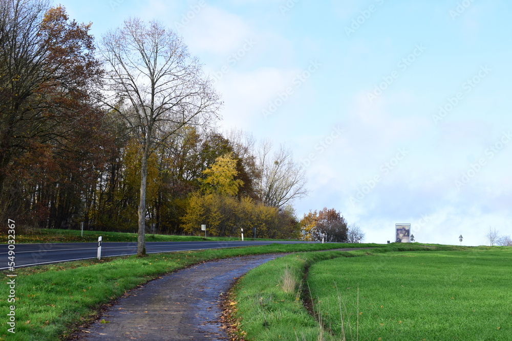 Herbstlandschaft bei Landkern mit Straße und FEldweg