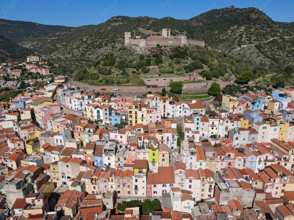 Fototapeta premium Drone view at the village of Bosa on Sardinia, Italy