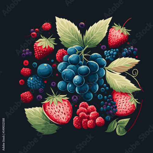 Berries Fruit Vector Flat color style Berry color Hand drawn illustration set