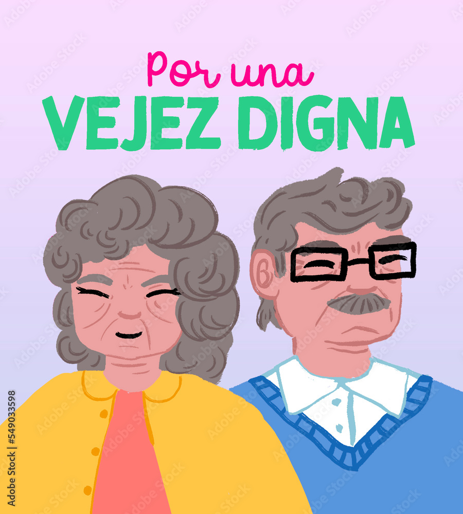 Dos personas mayores con texto por una vejez digna Dos personas mayores con texto por una vejez digna