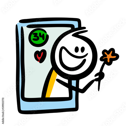 Funny man from dating site looking from the phone with cute smile and flower.
