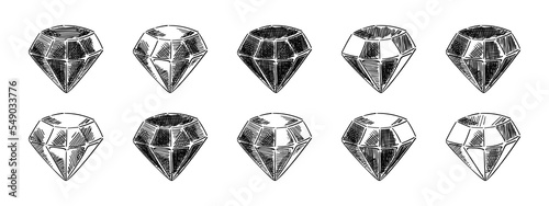 Sketches of diamonds. A set of diamond shapes. Ink line drawing. Isolated design elements for poster, cover, flyer.