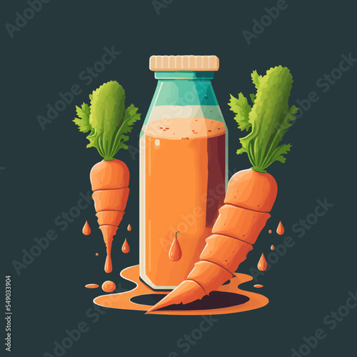 fresh orange carrot juice on bottle Glass, carrot slices vector illustration for logo or poster